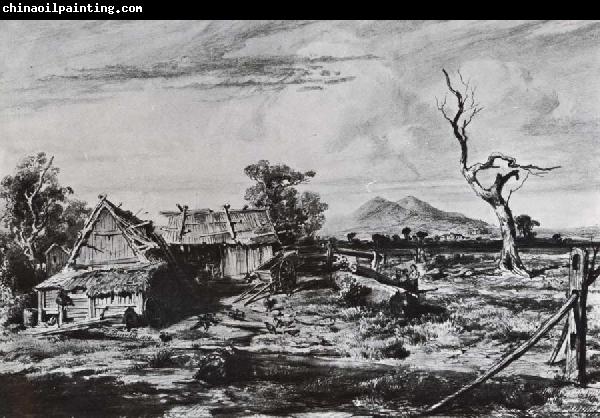 Louis Buvelot Farm sheds below the You Yangs