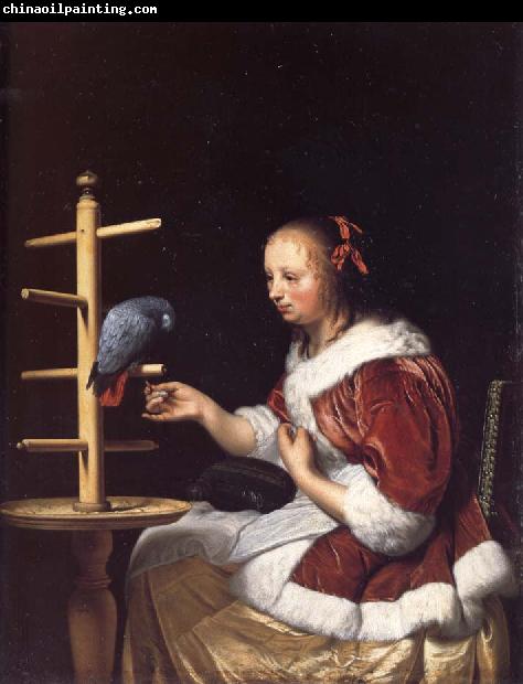 MIERIS, Frans van, the Elder A Woman in a Red Jacket Feeding a Parrot