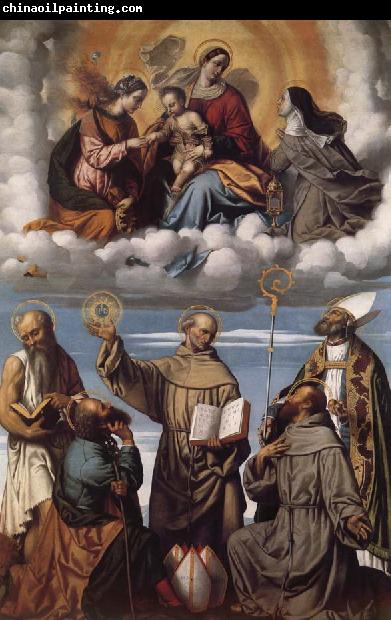 MORETTO da Brescia Saint Bernardino with Saints Jerome,Joseph,Francis and Nicholas of Bari,Virgin and Child in Glory with Saints Catherine of Alexandria and Clare