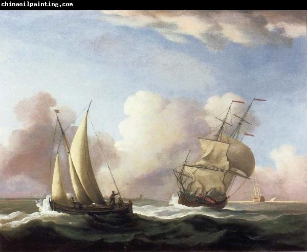 Monamy, Peter A Small Sailing boat and a merchantman at sea in a rising Wind