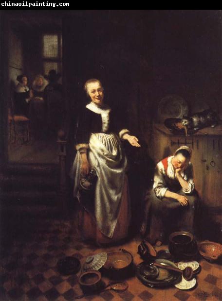 Nicolas Maes Interior with a Sleeping Maid and Her Mistress