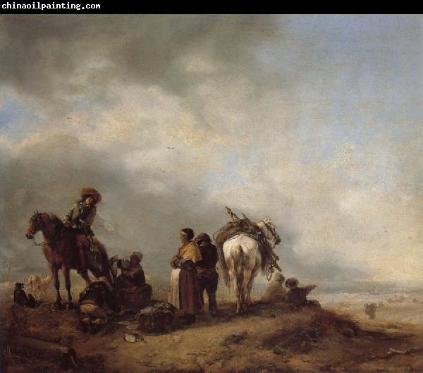 Philips Wouwerman A View on a Seashore with Fishwives Offering Fish to a Horseman