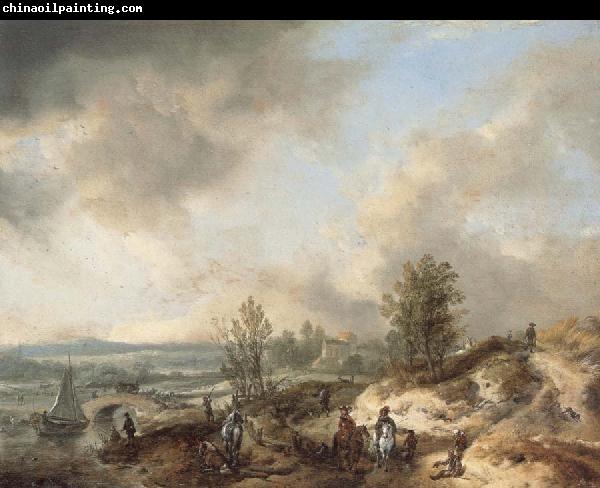 Philips Wouwerman A Dune Landscape with a River and Many Figures