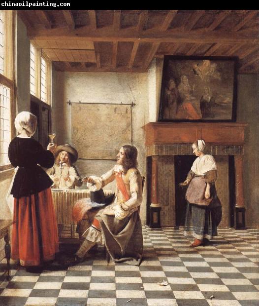 Pieter de Hooch An Interior,with a Woman Drinking with Two Men,and a Maidservant