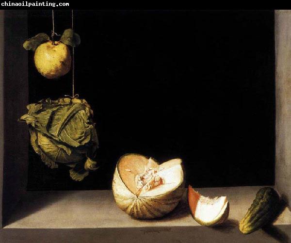 SANCHEZ COELLO, Alonso Still-life with Quince, Cabbage, Melon and Cucumber