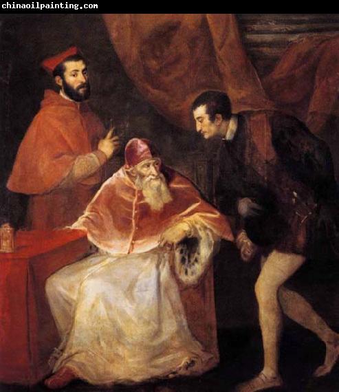 TIZIANO Vecellio Pope Paul III with his Nephews Alessandro and Ottavio Farnese