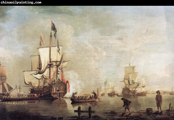 Thomas Mellish The Royal Caroline in a calm estuary flying a Royal standard and surrounded by an attendant barge and other small boats