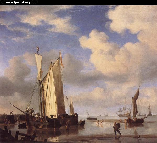 VELDE, Willem van de, the Younger Dutch Vessels Close Inshore at Low Tide,and Men Bathing