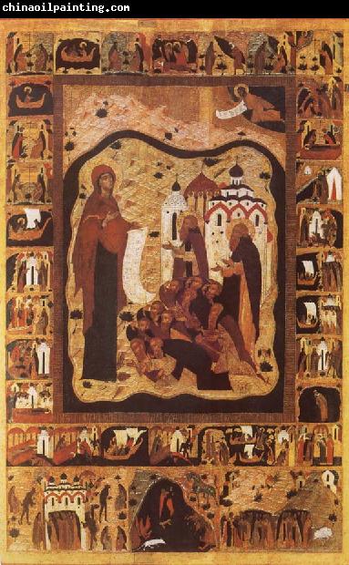 unknow artist Our Lady of Bogolijubovo with Saint Zocime and Saint Savvatii and Scenes from their Lives