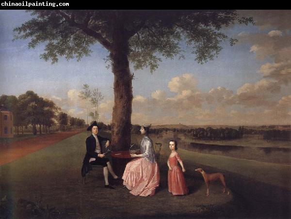 Arthur Devis Henry Fiennes Clinton,9th Earl of Lincoln,with his wife,Catherine and his son,George,on the great terrace at Oatlands