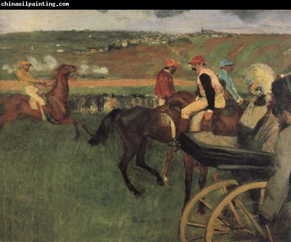 Edgar Degas On the race place Jockeys next to a carriage