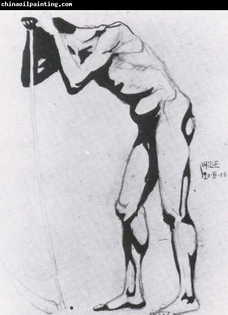 Egon Schiele Standing male nude leaning or a scythe