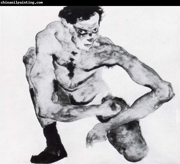 Egon Schiele Squatting male nude with stockings