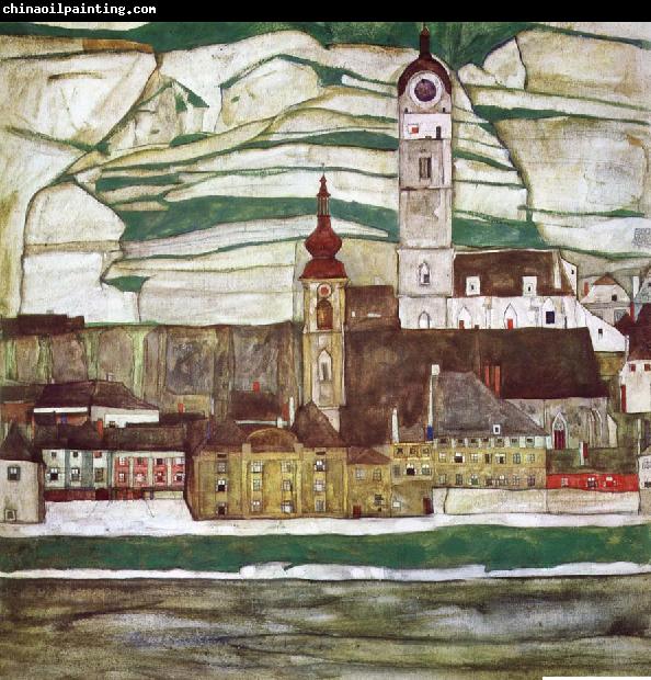 Egon Schiele Stein on the Danube with Terraced Vineyards