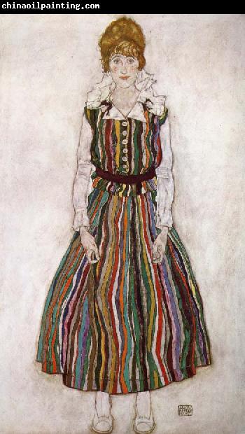 Egon Schiele Portrait of Edith Schiele in a Striped Dress