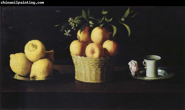 Francisco de Zurbaran Style life with lemon of orange and a rose