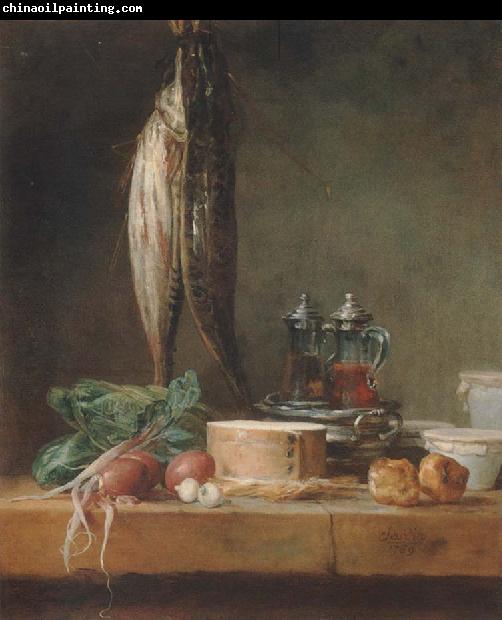 Jean Baptiste Simeon Chardin Style life with fish, Grunzeug, Gougeres shot el as well as oil and vinegar pennant on a table