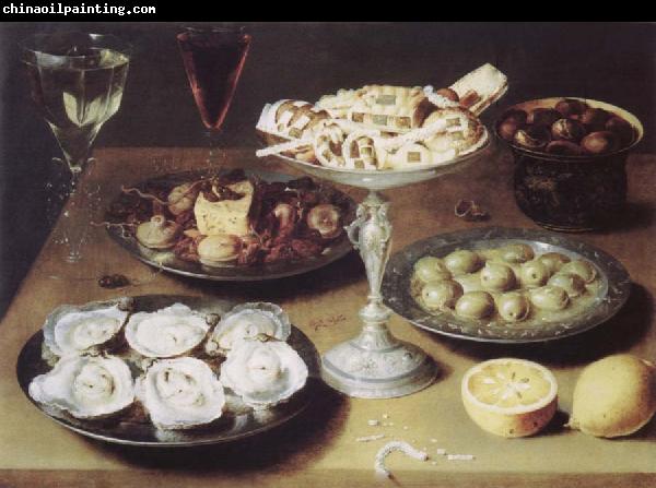 Osias Beert Style life with oysters confectionery and fruits