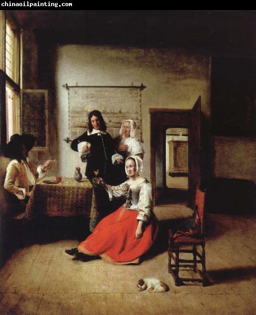 Pieter de Hooch Weintrinkende woman in the middle of these men