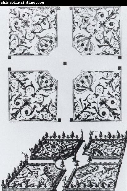 Salomon de Caus Plan and bird-s-eye view of the parterre de broderie at Heidelberg