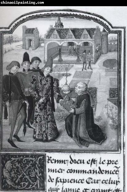 unknow artist Guillbert de Lannoy presenting his book L-Instruction d-un jeune prince to Charles the Bold in a garden