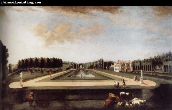 unknow artist Axial view of the canal from the south showing Gibbs-s temple at the end of the Canal,the house and topiary alleys on the west side