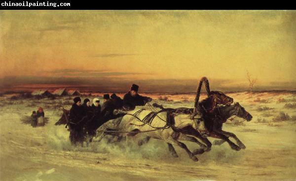 unknow artist Oil undated a Wintertroika in the gallop in sunset