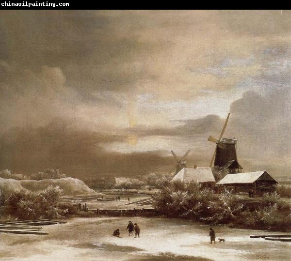 Jacob van Ruisdael Winter landscape with two windmill