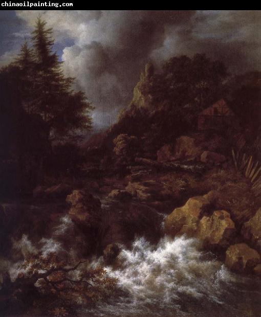 Jacob van Ruisdael Waterfall with a Half-timbered House and Castle