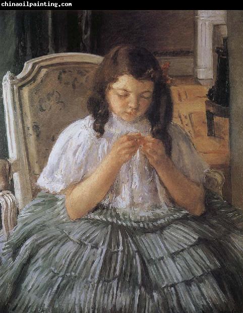 Mary Cassatt The girl is sewing in green dress