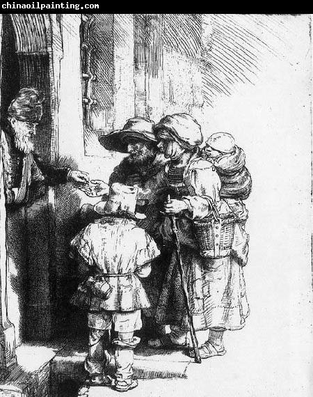 REMBRANDT Harmenszoon van Rijn Beggars receiving alms at the door of a house