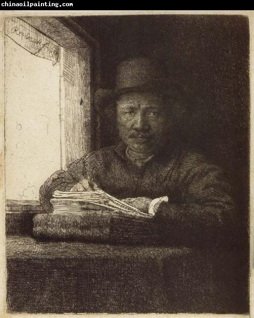 REMBRANDT Harmenszoon van Rijn Self-Portrait,Etching at a Window