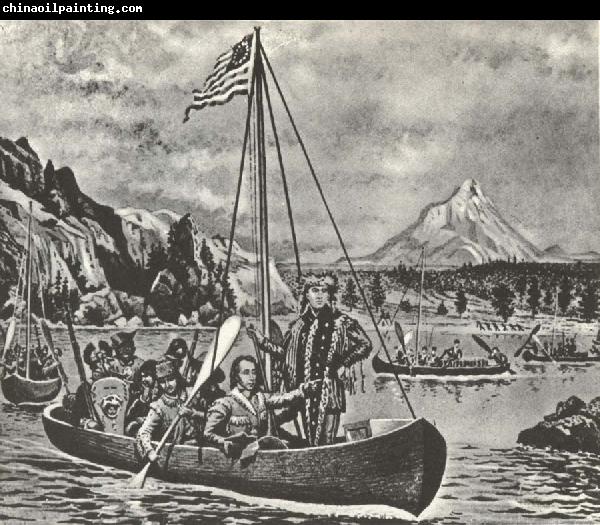 unknow artist Lewis and Clark in an cannon pa Columbia river anti closed of their fard vasterut tvars over America 1895