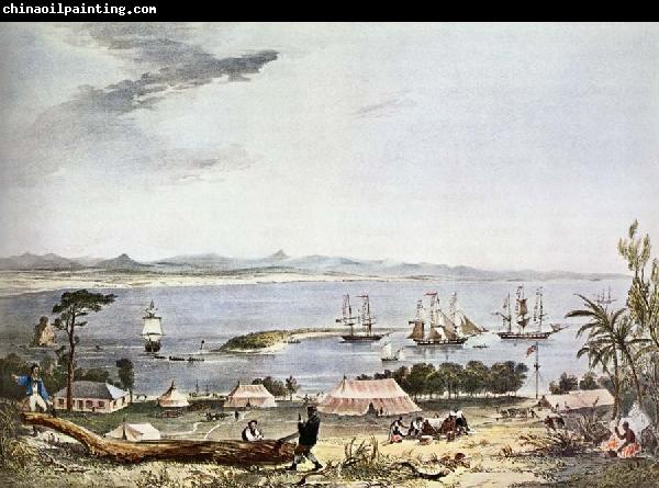 unknow artist That vy over Nelson Sea pa New Zealand millings 1841 of T.Allom and am combining a charmfull konstnarlig maybe with a very grand precise in detaljer,s