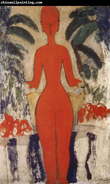 Amedeo Modigliani Standing nud with Garden Background