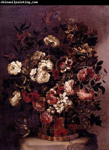 CORTE, Gabriel de la. Still-Life of Flowers in a Woven Basket