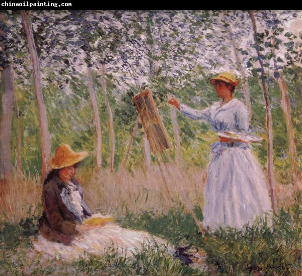 Claude Monet Suzanne Reading and Blanche Painting by the Marsh at Giverny