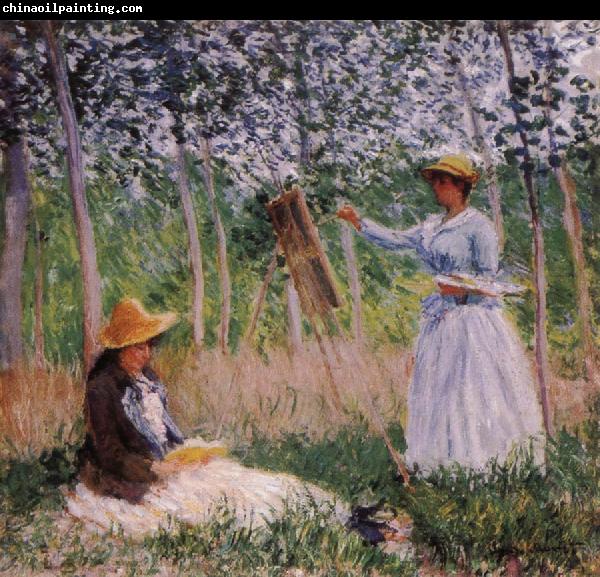 Claude Monet Suzanne Reading and Blanche Painting by the Marsh at Giverny