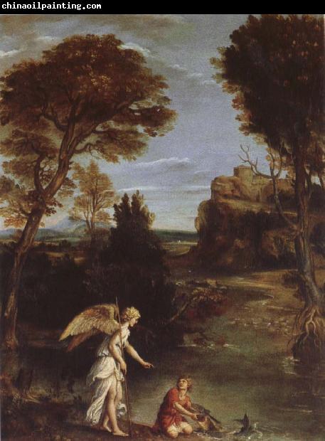 Domenichino Landscape with Tobias as far hold of the fish