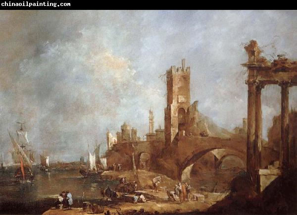 Francesco Guardi Hamnstad with classical ruins Italy