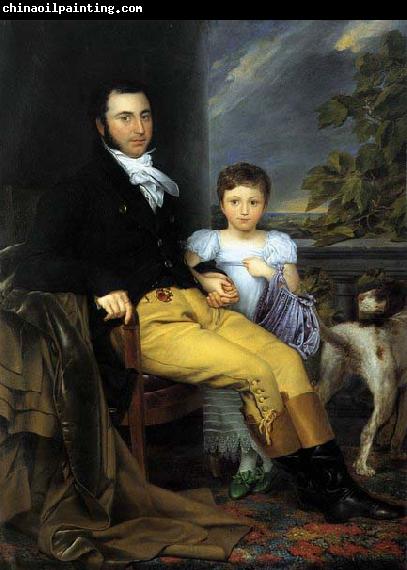 Joseph Denis Odevaere Portrait of a Prominent Gentleman with his Daughter and Hunting Dog