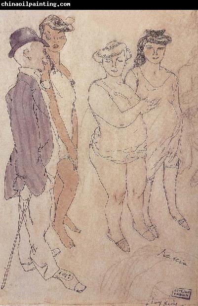 Jules Pascin One man and three woman