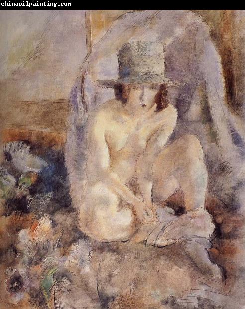 Jules Pascin Nude female wearing green hat