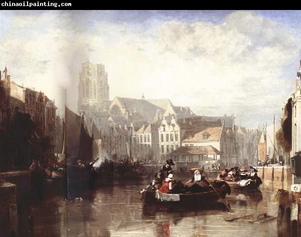 Sir Augustus Wall Callcott View of the Grote Kerk,Rotterdam,with Figures and Boats in the Foreground