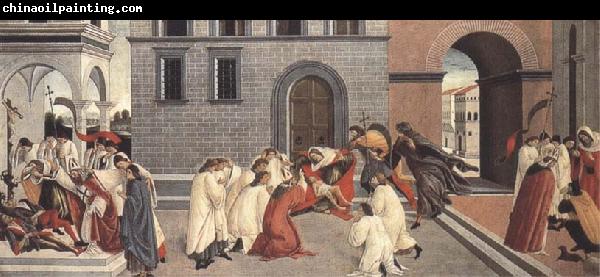 Sandro Botticelli Three Miracles of St Zanobius:driving the demon out of two youths,reviving a dead child,restoring sight to a blind man