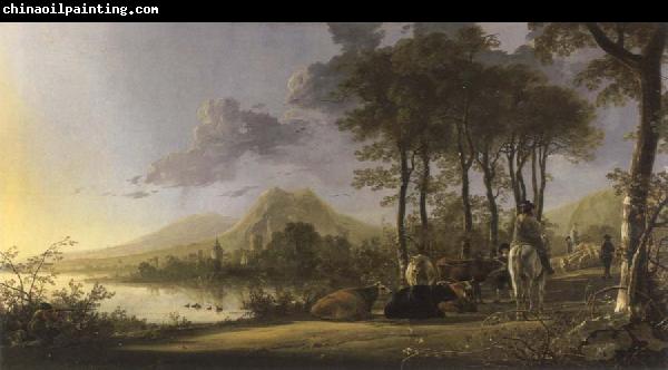 Aelbert Cuyp river landscape with horsemen and peasants