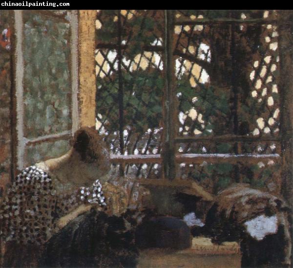 Edouard Vuillard woman sewing before a garden