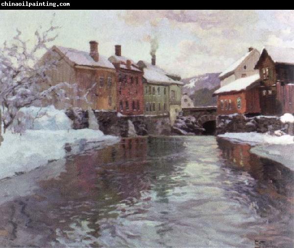 Frits Thaulow snow covered buildings by a river