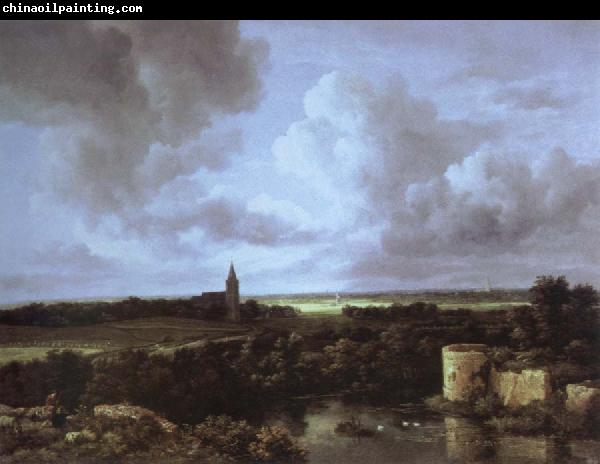 Jacob van Ruisdael an extensive landscape with a ruined castle and a village church