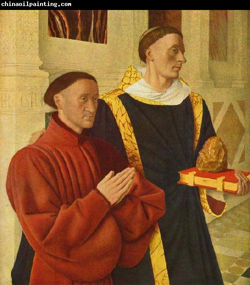 Jean Fouquet left wing of Melun diptych depicts Etienne Chevalier with his patron saint St. Stephen